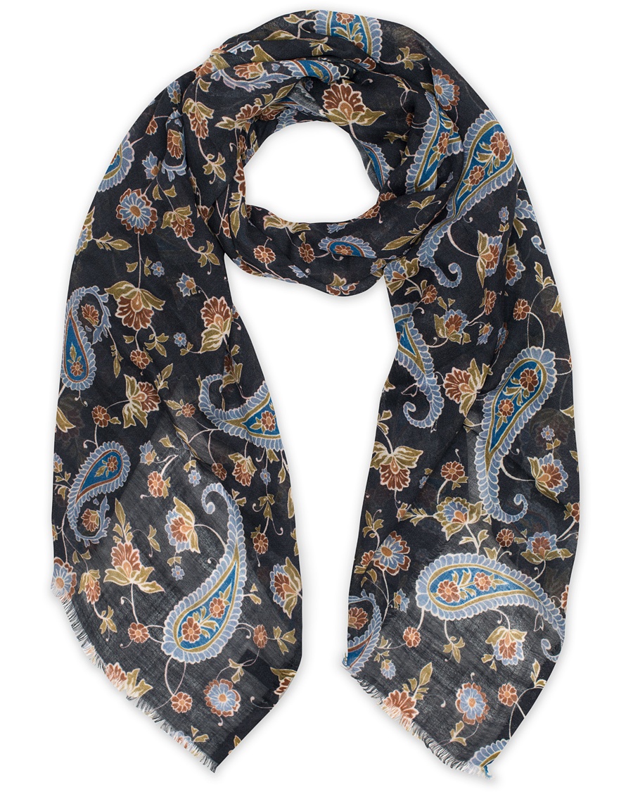  Wool/Silk Printed Flower Scarf Navy
