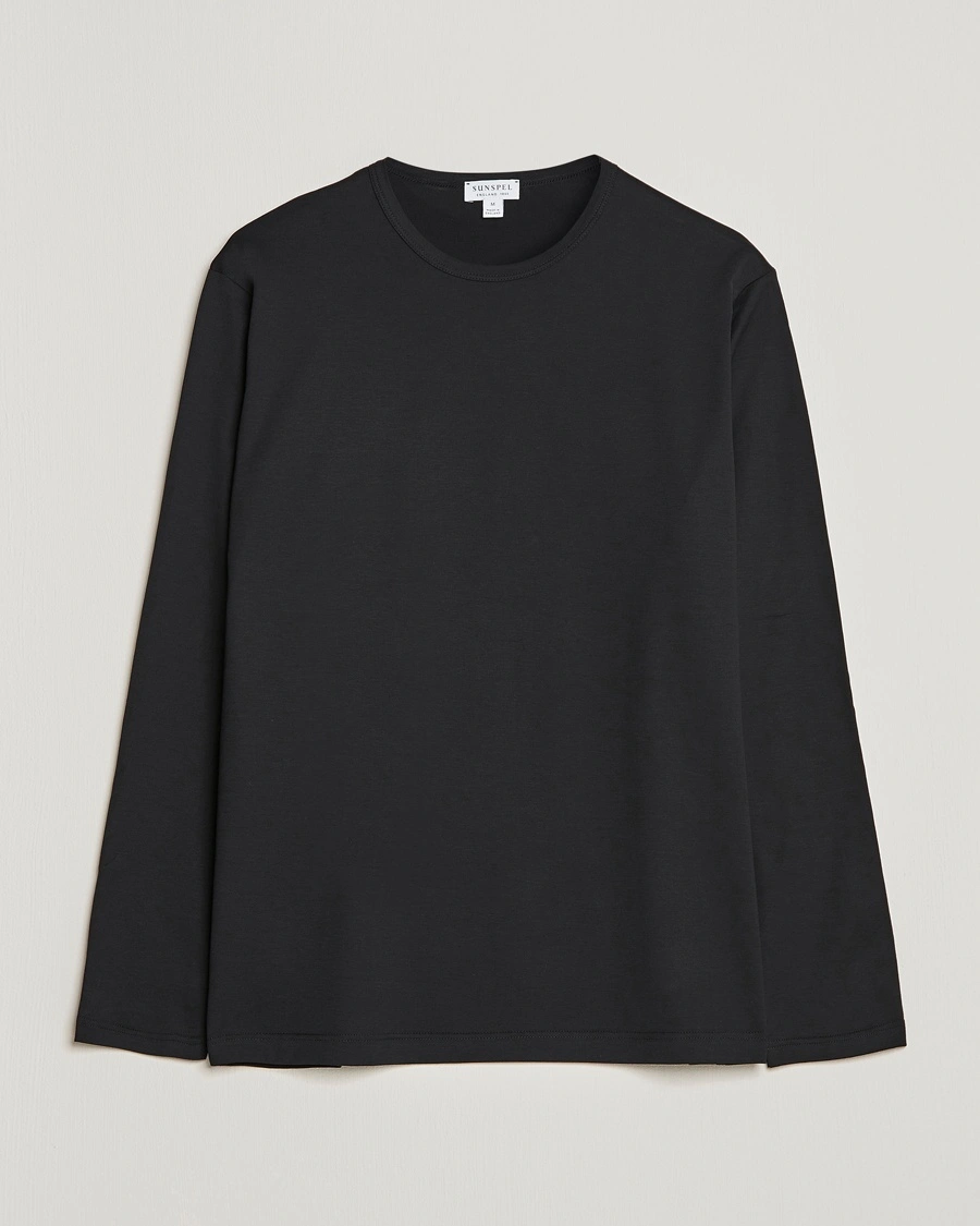 Herr | Långärmade t-shirts | Sunspel | Long Sleeve Crew Neck Cotton Tee Black