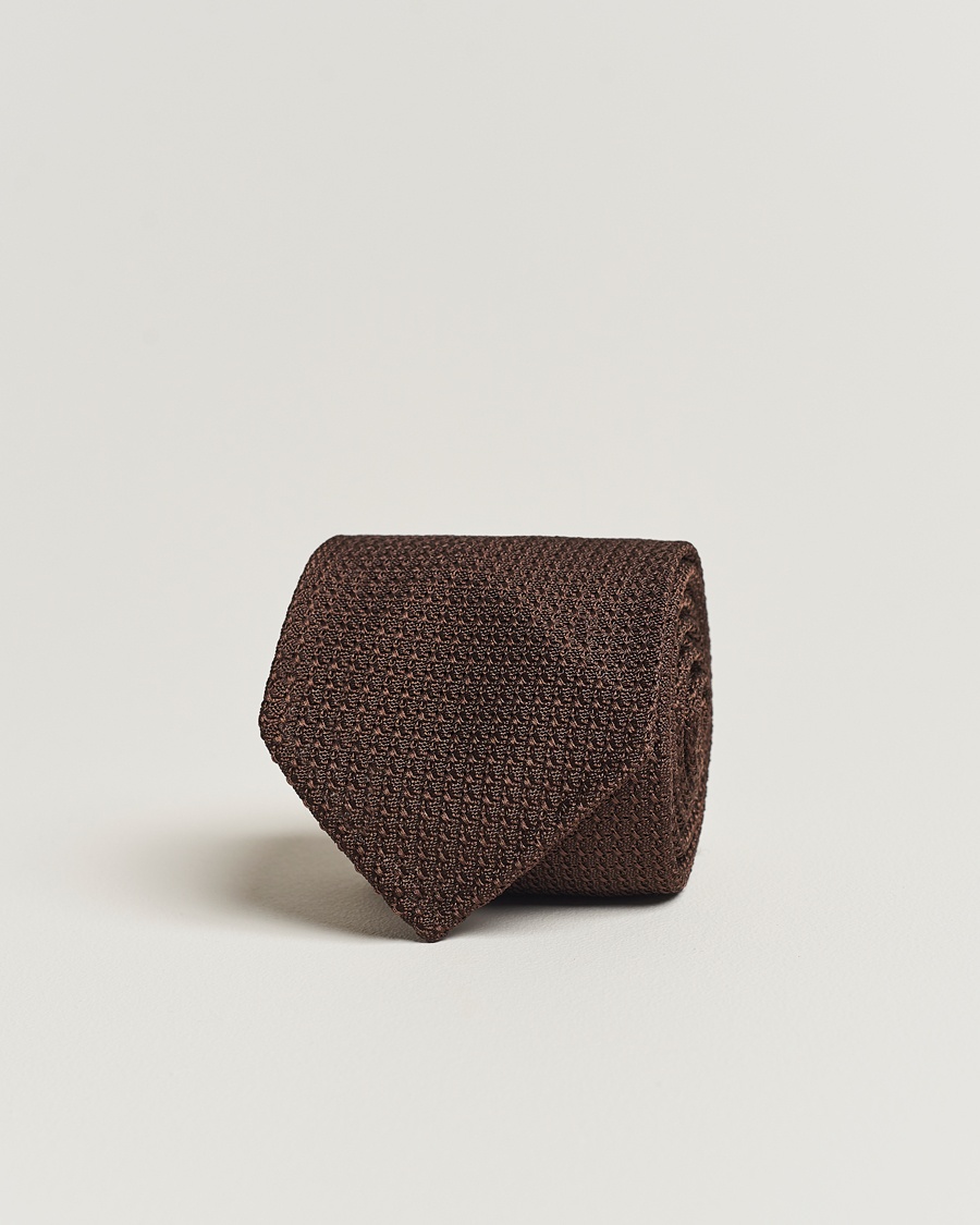 Herr | Slipsar | Drake's | Large Knot Handrolled Grenadine Silk Tie Brown