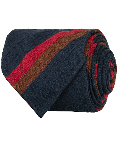  Shantung Silk Stripe Handrolled 8 cm Tie Navy/Red/Brown