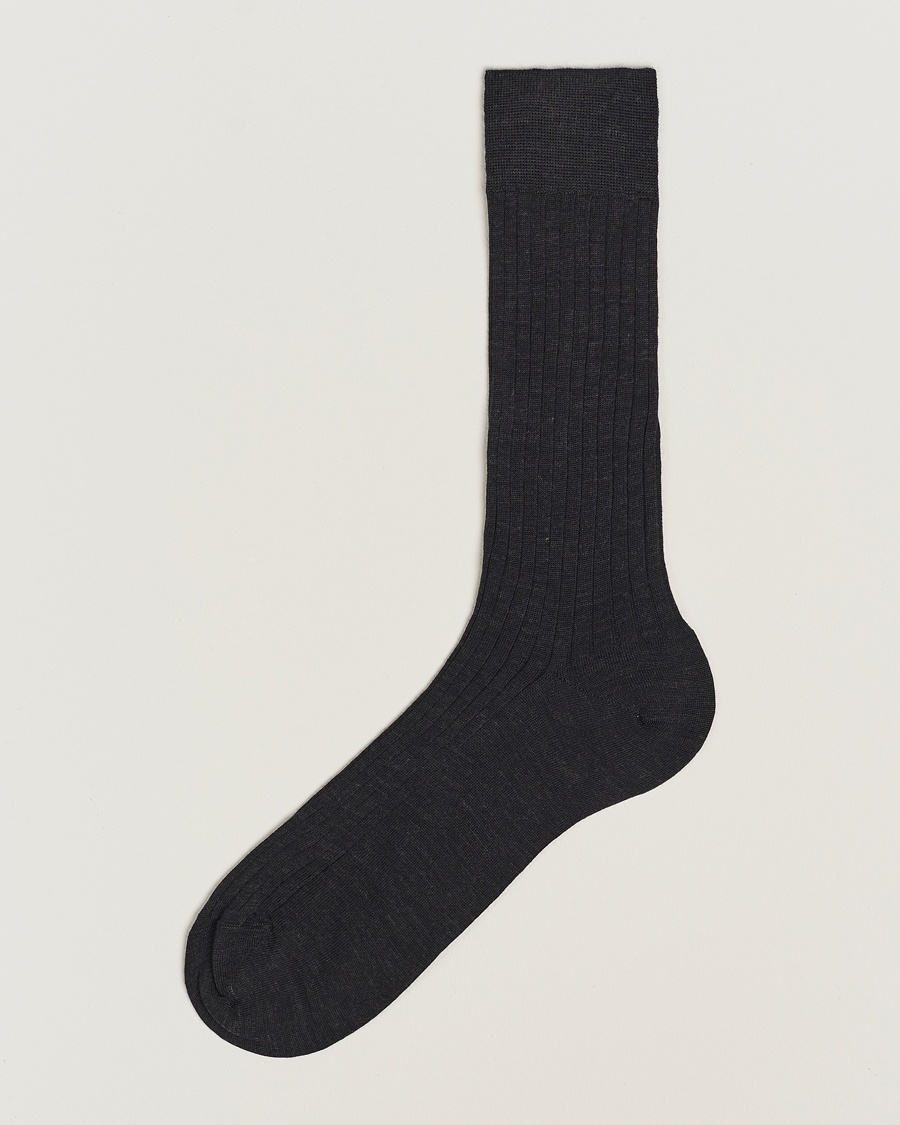 Bresciani Wool/Nylon Ribbed Short Socks Anthracite – Grå