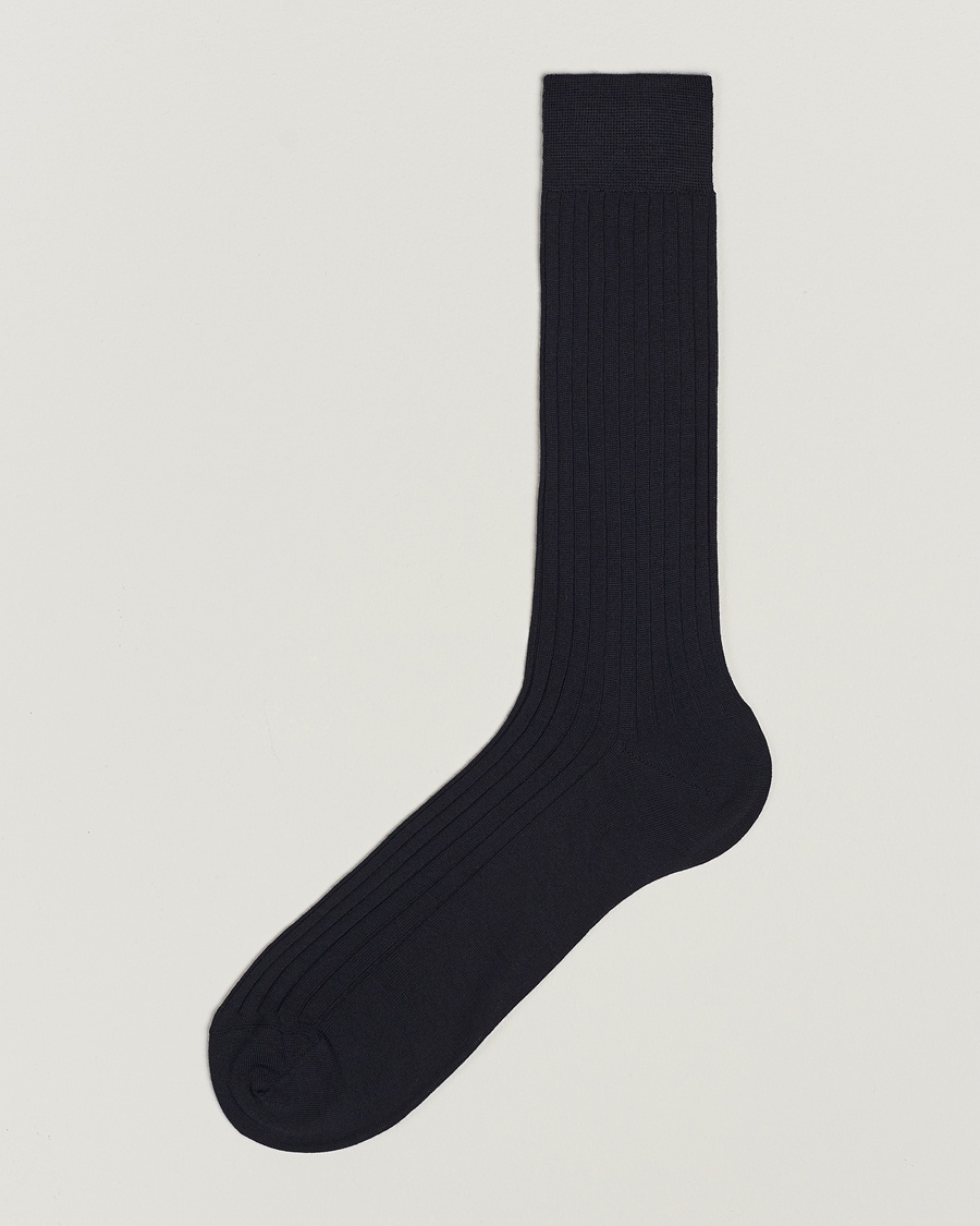 Bresciani Wool/Nylon Ribbed Short Socks Navy