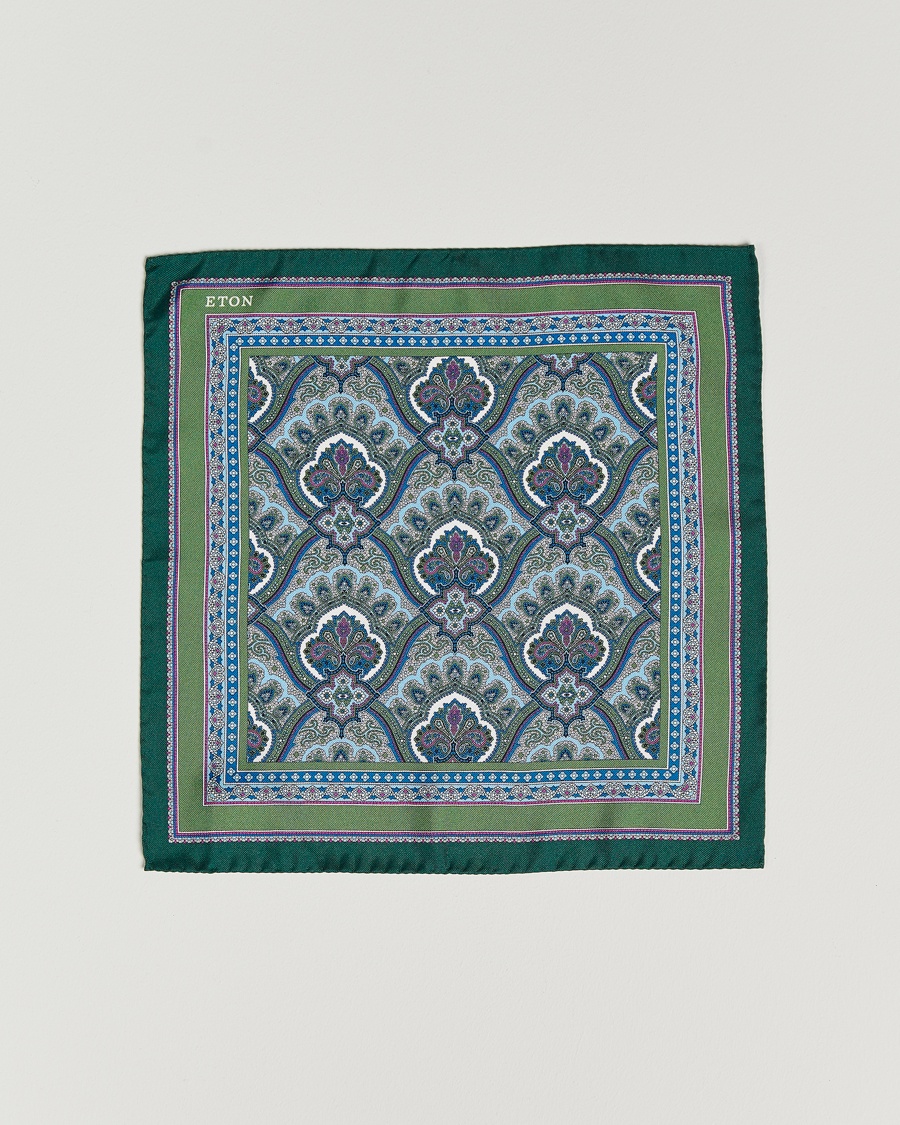 Eton Silk Paisley Print Pocket Square Green – Grön