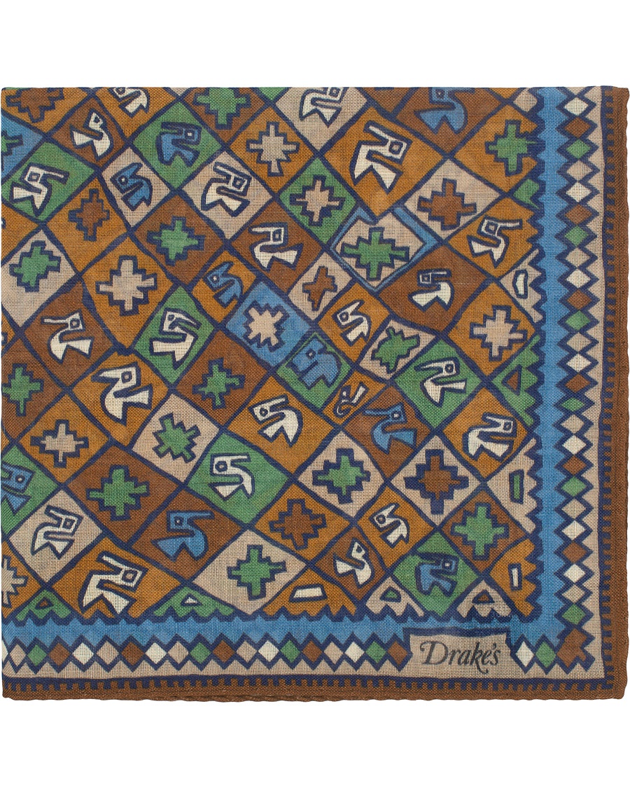  Wool/Silk Printed Boxes Pocket Square Beige