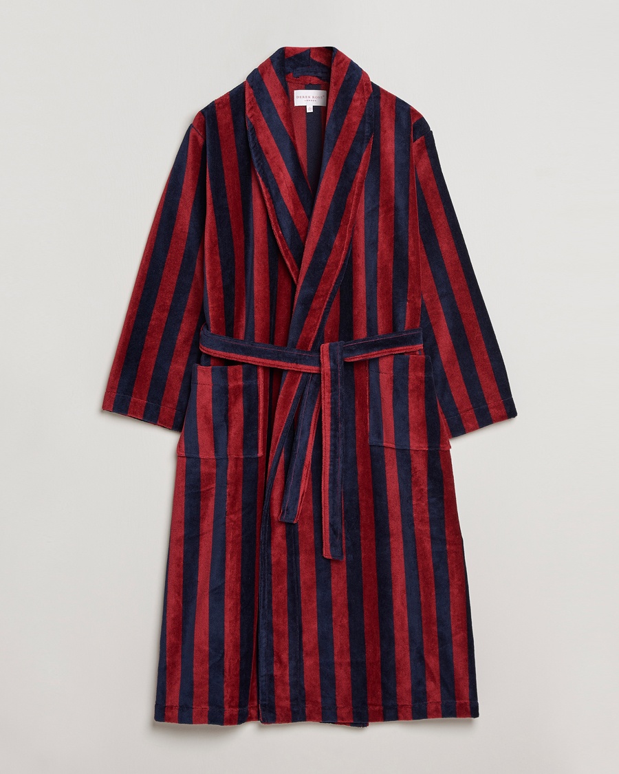 Herr | Morgonrockar | Derek Rose | Cotton Velour Striped Gown Red/Blue