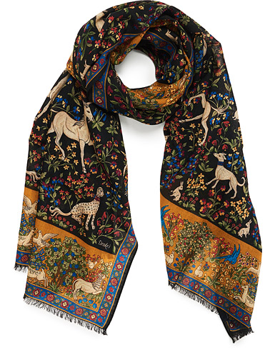 Drake's Wool/Silk Printed Mythical Forest Scarf Black