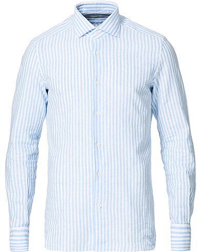 Mazzarelli Linen Striped Cut Away Shirt Blue/White