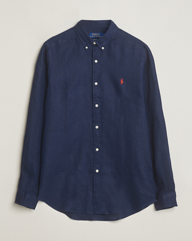 Linneskjortor |  Slim Fit Linen Button Down Shirt Newport Navy