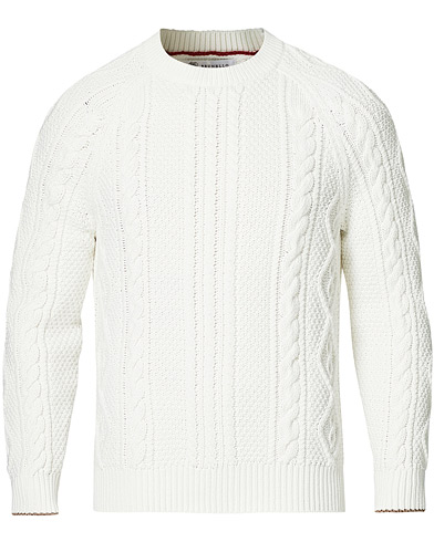 Brunello Cucinelli Cotton Aran Cable Sweater Off White