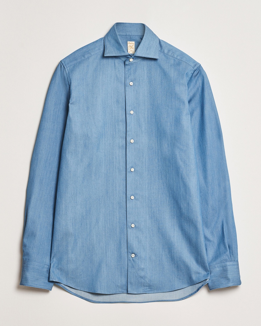 Herr | Gamla produktbilder | Stenströms | 1899 Slim One Piece Collar Cotton Denim Shirt Mid Blue