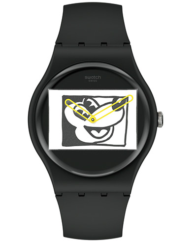 Herr | Gummistrap | Swatch | x Keith Haring Mickey Blanc sur Noir