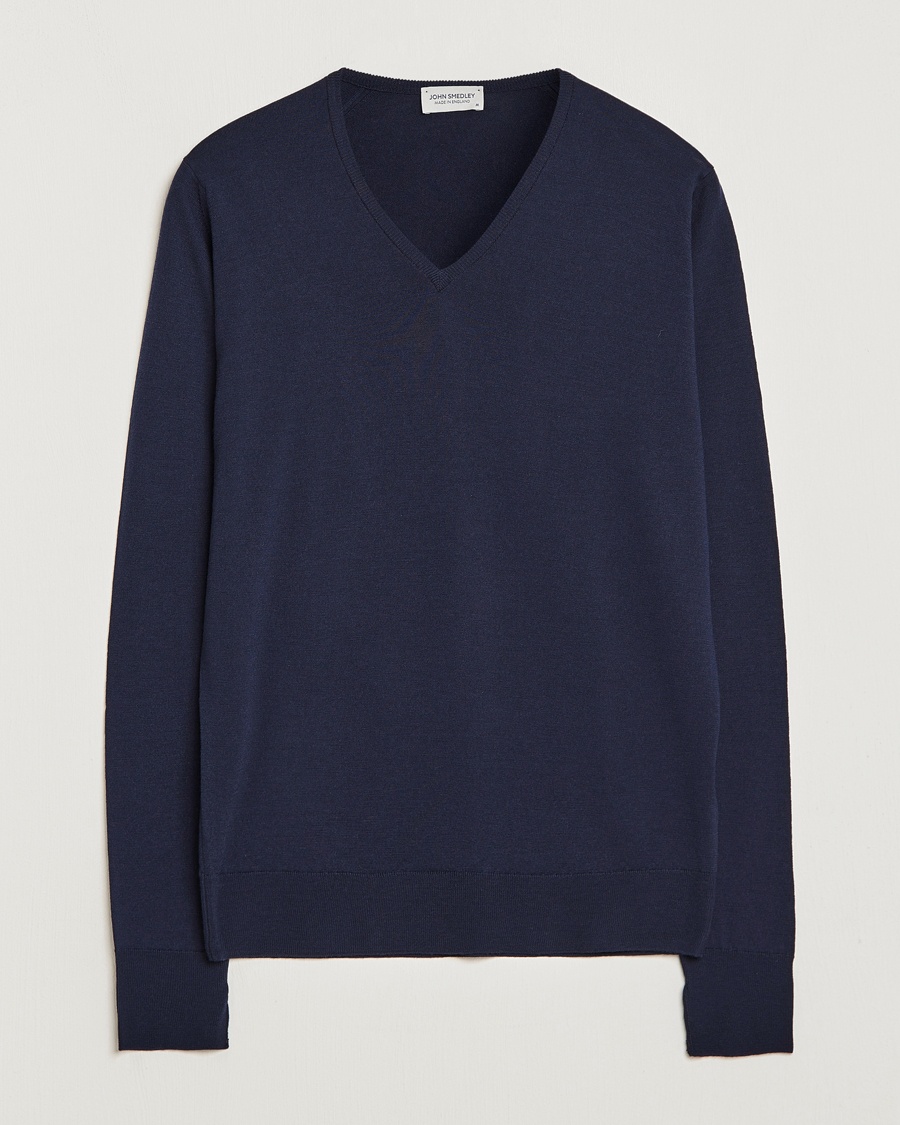 John Smedley Bobby Extra Fine Merino V-Neck Pullover Midnight – Blå
