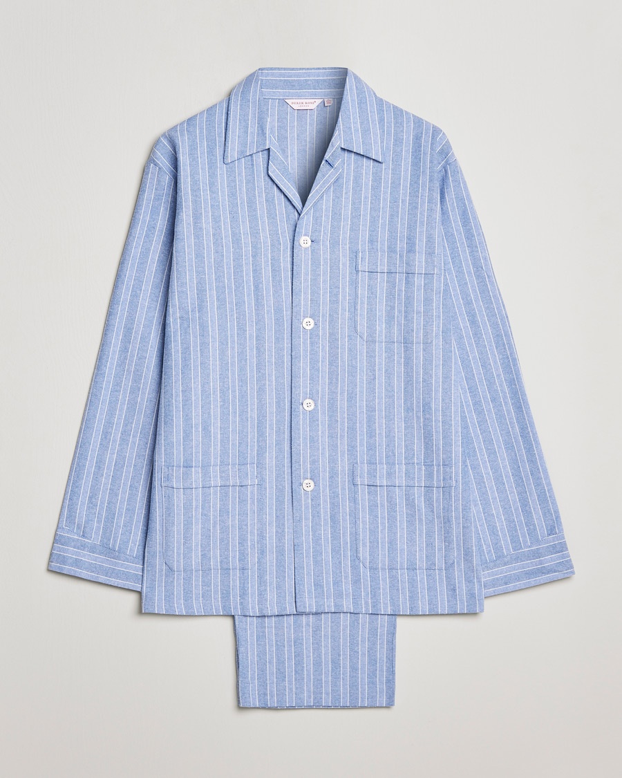 Herr | | Derek Rose | Brushed Cotton Flannel Striped Pyjama Set Blue