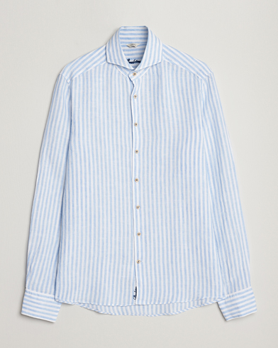 Herr |  | Stenströms | Slimline Cut Away Striped Linen Shirt Light Blue