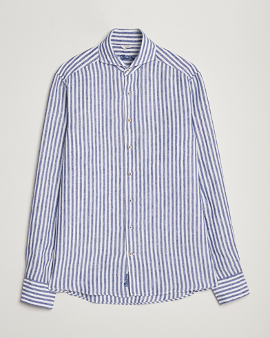 Linneavdelningen |  Slimline Cut Away Striped Linen Shirt Blue