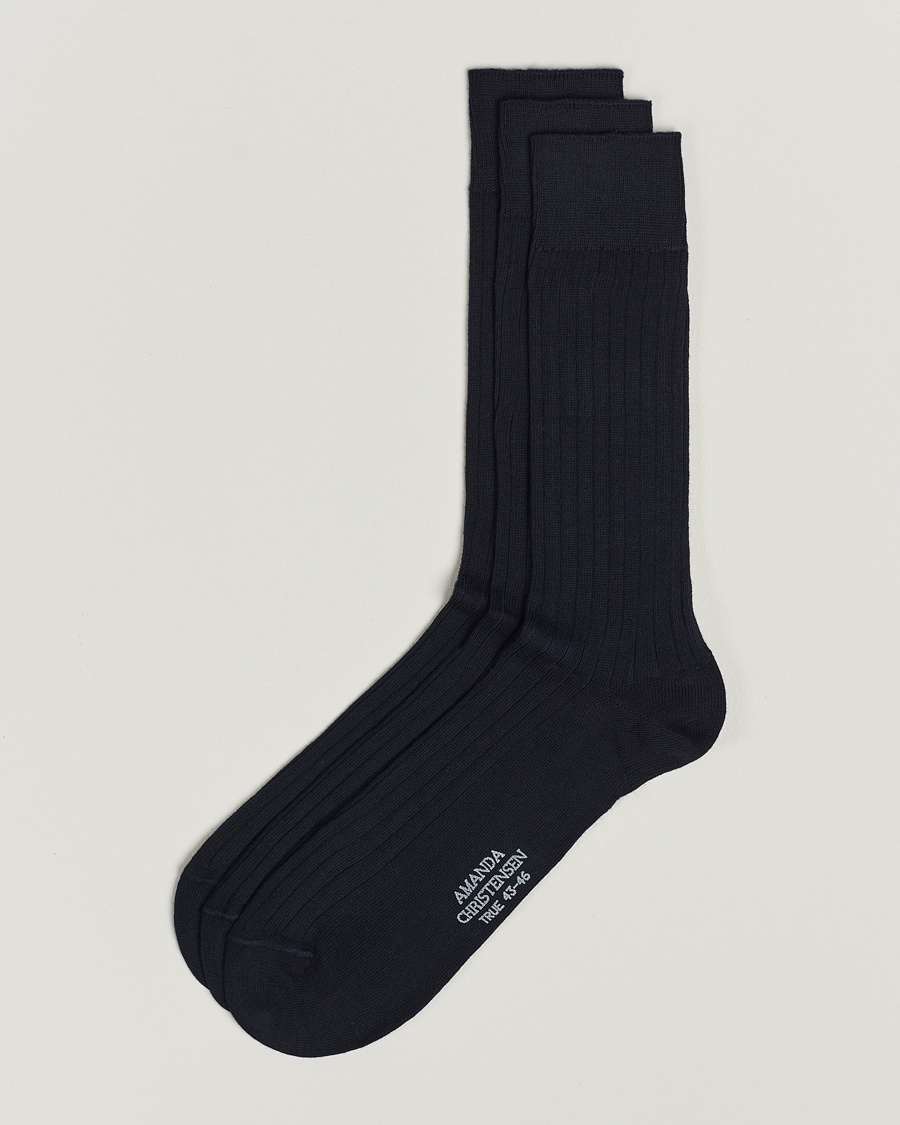 Amanda Christensen 3-Pack True Cotton Ribbed Socks Dark Navy – Blå