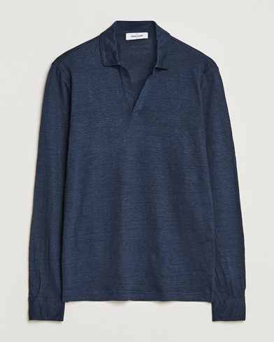 Herr | Pikéer | Gran Sasso | Washed Linen Long Sleeve Polo Navy