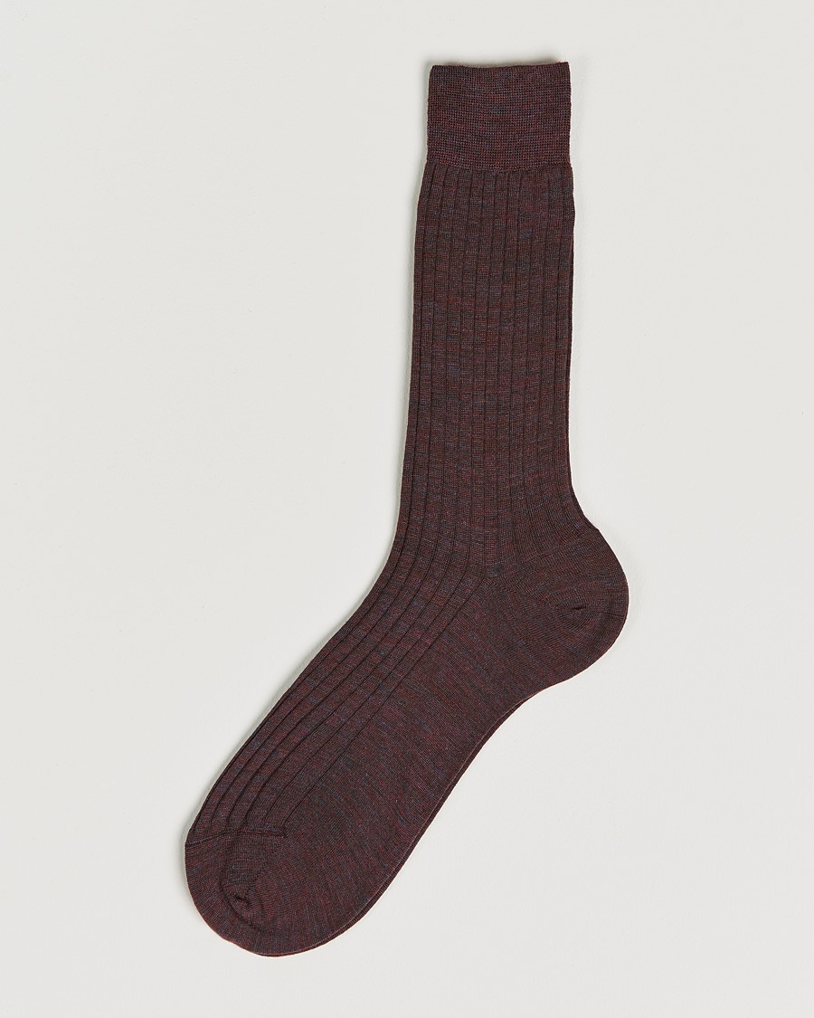 Bresciani Wool/Nylon Ribbed Short Socks Wine Melange – Röd