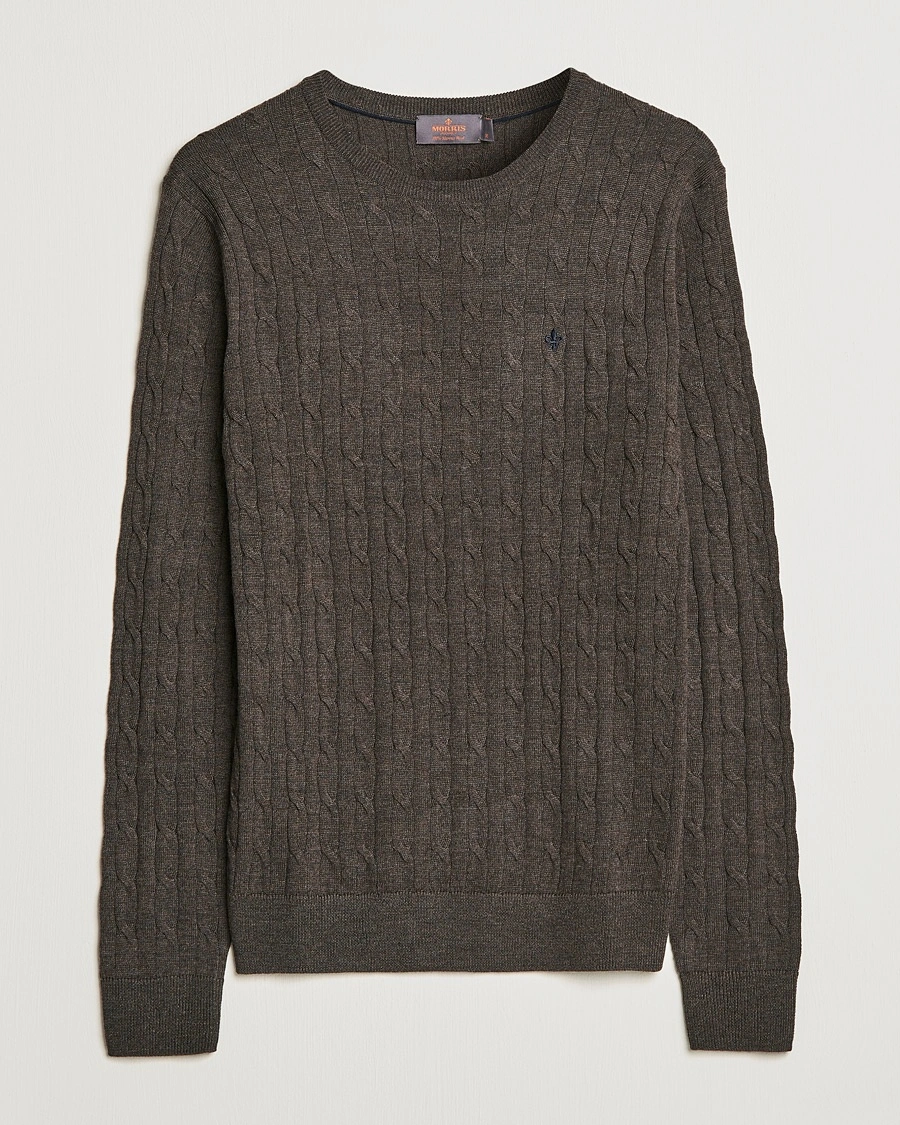 Morris Merino Cable Crew Neck Dark Brown – Brun