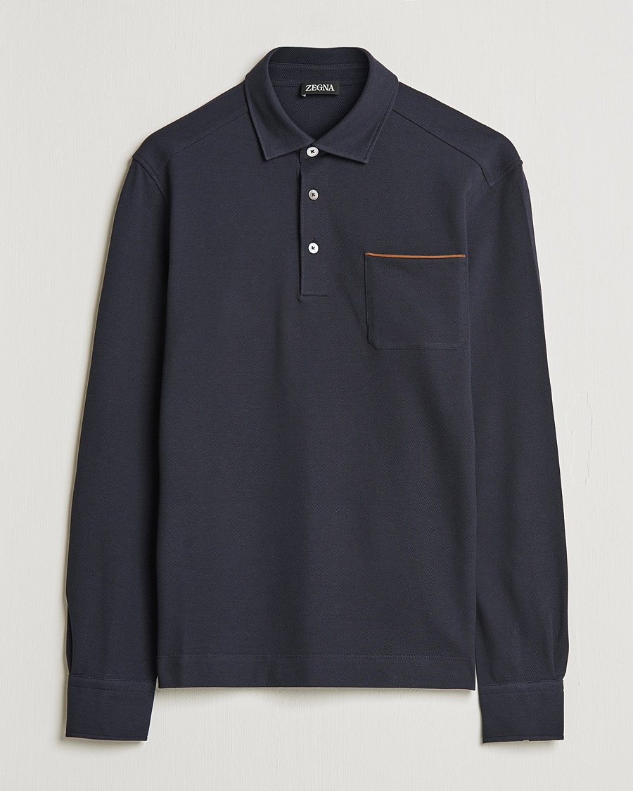Herr | Luxury Classics | Zegna | Long Sleeve Cotton Piquet Polo Navy