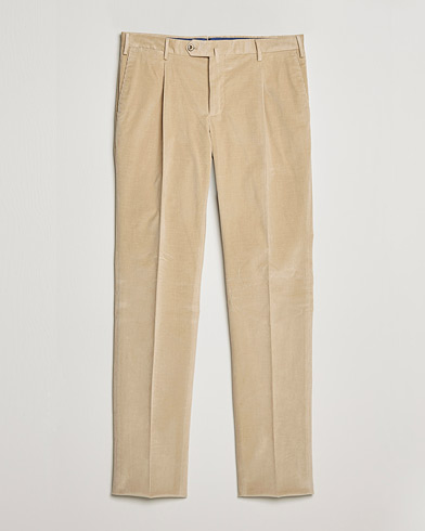 Herr | Byxor | PT01 | Slim Fit Pleated Corduroy Trousers Light Beige