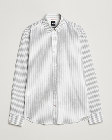 Herr | Casualskjortor | BOSS BLACK | Hal Cotton/Linen Striped Shirt Open Green