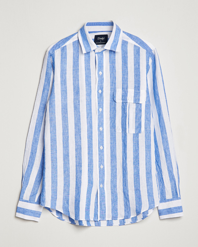 Herr |  | Drake's | Broad Stripe Linen Spread Collar Shirt Blue