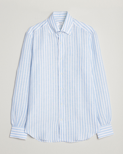 Herr | Italian Department | Mazzarelli | Soft Linen Button Down Shirt Light Blue Stripe