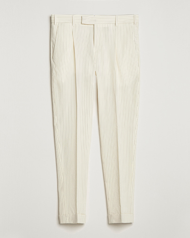 Herr | PT01 | PT01 | Slim Fit Pleated Wool Seersucker Trousers Off White