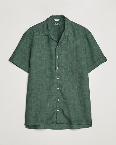 Herr |  | Stenströms | Slimline Short Sleeve Resort Linen Shirt Dark Green