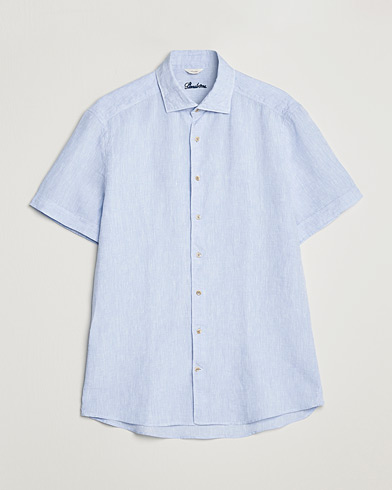 Herr | Skjortor | Stenströms | Slimline Cut Away Short Sleeve Linen Shirt Light Blue