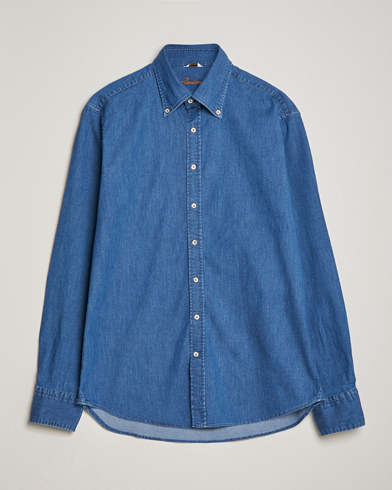 Herr | Business & Beyond | Stenströms | Fitted Body Button Down Garment Washed Shirt Mid Blue Denim