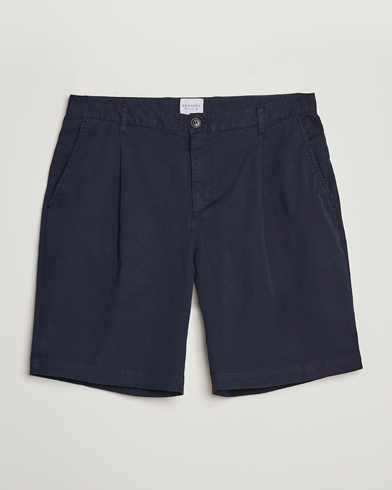  Pleated Stretch Cotton Twill Shorts Navy