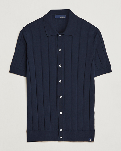 Herr | Kortärmade skjortor | Lardini | Short Sleeve Knitted Cotton Crèpe Shirt Navy