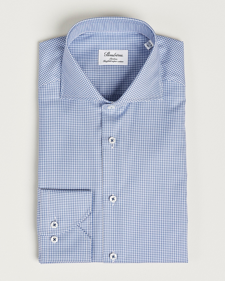 Herr | | Stenströms | Slimline Small Check Cut Away Shirt Blue