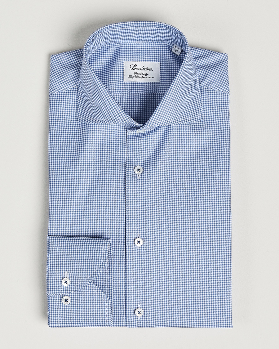 Herr | | Stenströms | Fitted Body Small Check Cut Away Shirt Blue