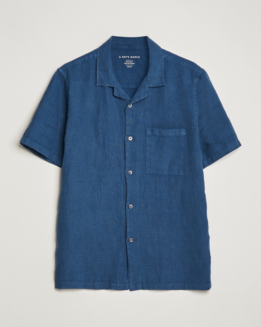 Herr | | A Day's March | Yamu Short Sleeve Linen Shirt Indigo Blue