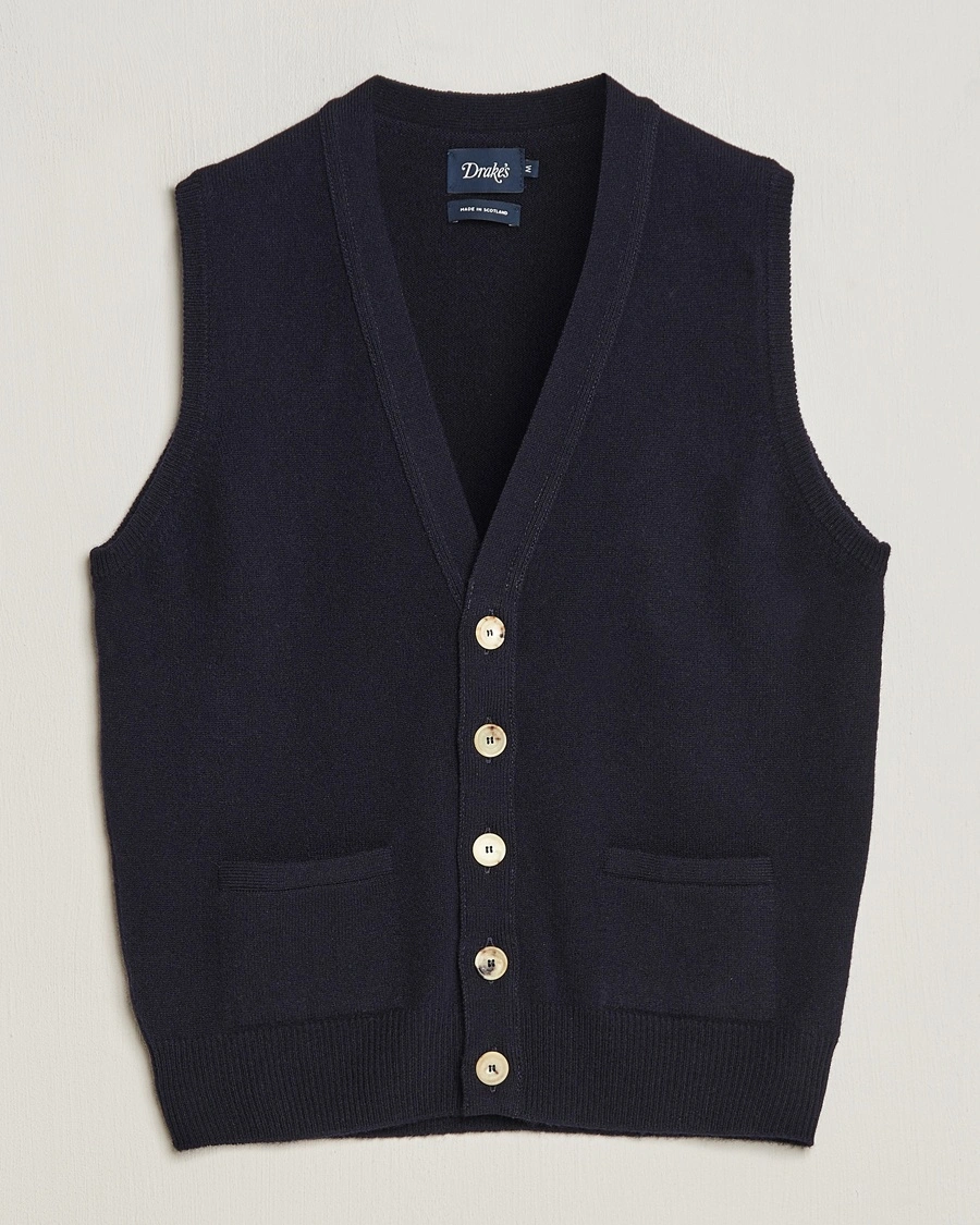 Drake's Lambswool Vest Cardigan Navy – Blå