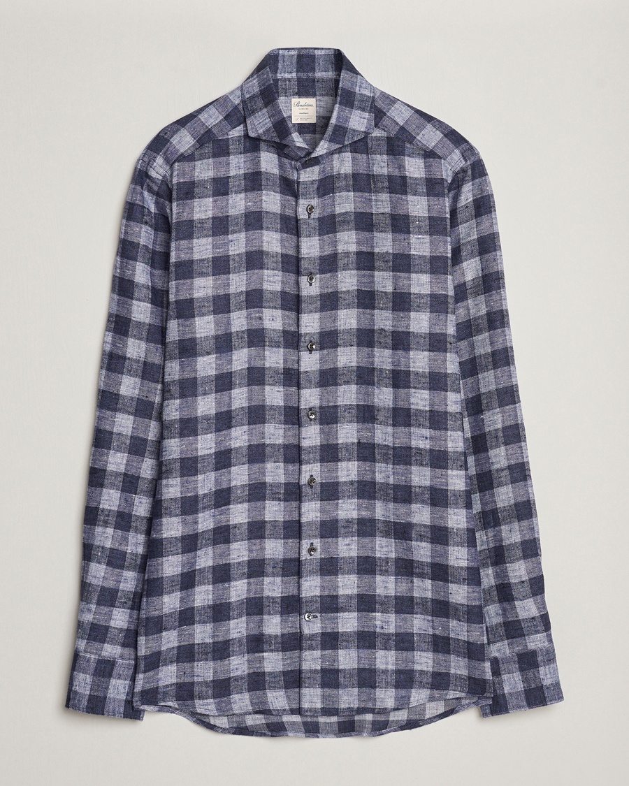 Herr | Flanellskjortor | Stenströms | Slimline Checked Linen Flannel Shirt Blue