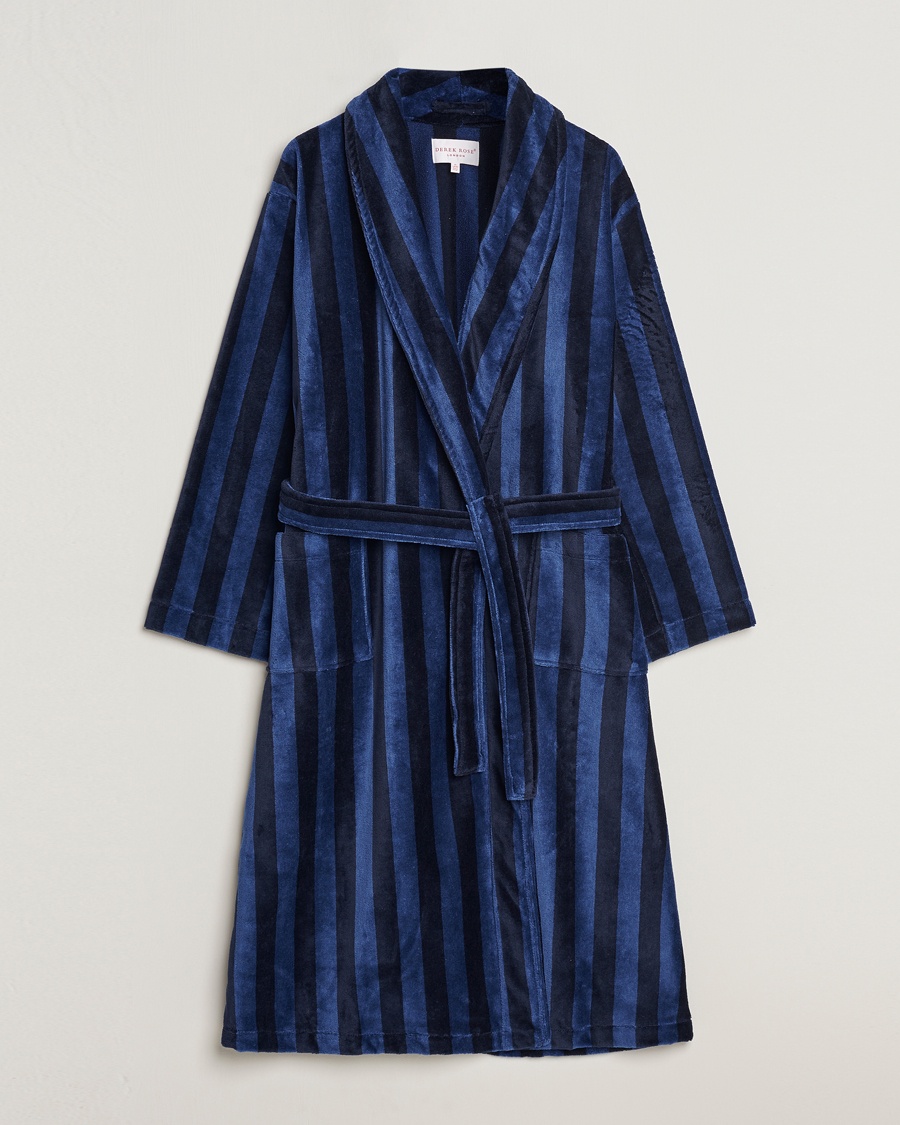 Herr | | Derek Rose | Cotton Velour Striped Gown Navy/Blue
