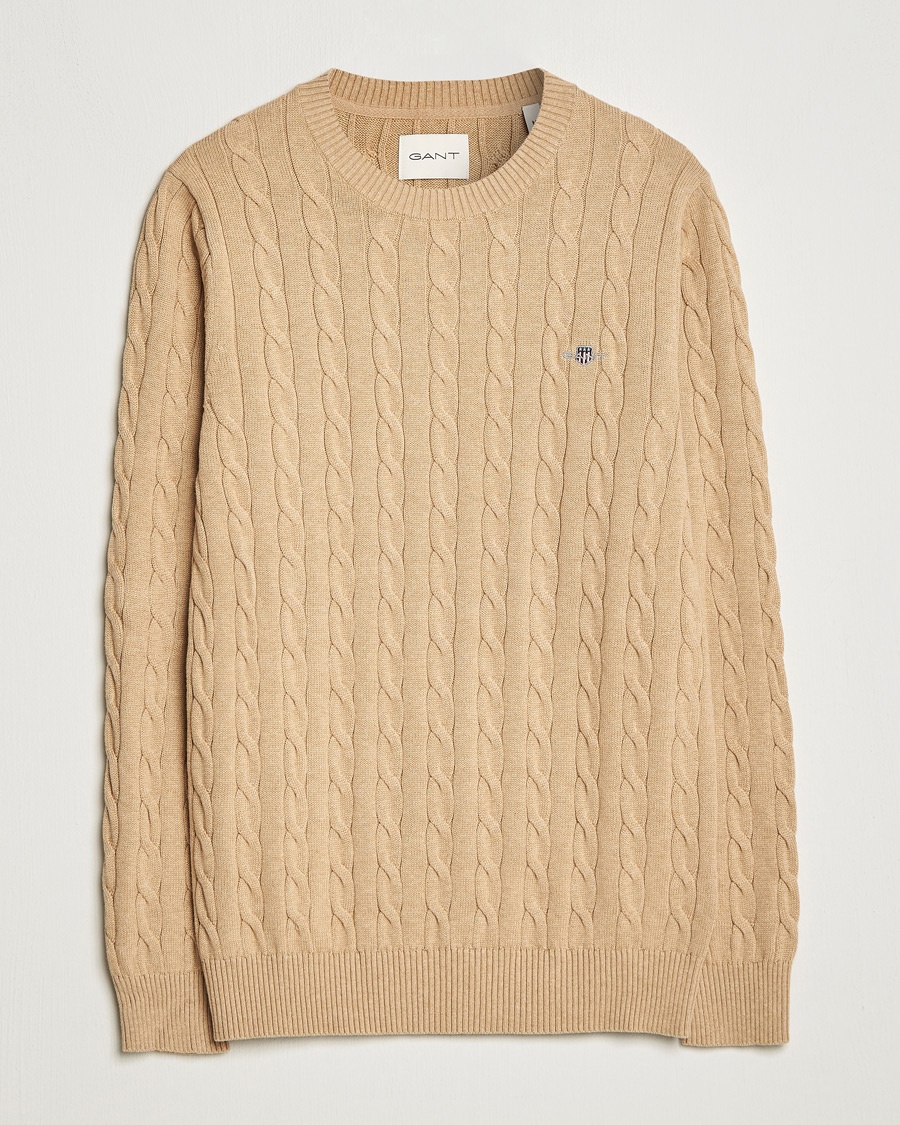 Herr | Stickade tröjor | GANT | Cotton Cable Crew Neck Pullover Khaki Melange