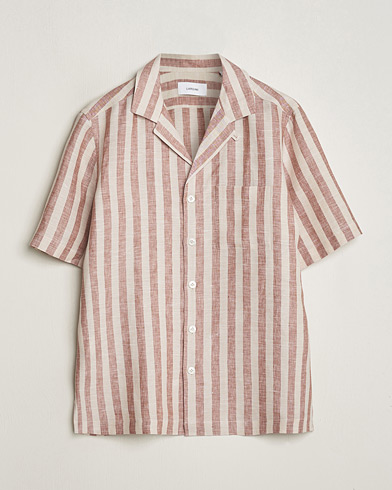Herr | Summer | Lardini | Striped Short Sleeve Linen Shirt Beige/Red