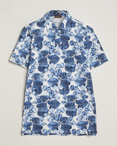 Herr | Kortärmade pikéer | Stenströms | Cotton Pique Printed Polo Shirt Blue