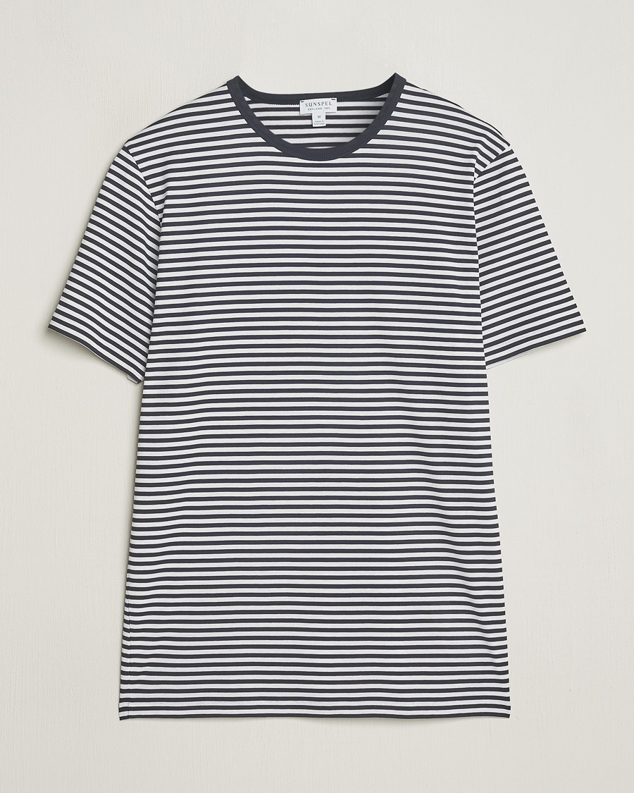 Herr | T-Shirts | Sunspel | Striped Crew Neck Q82 Cotton T-Shirt White/Navy