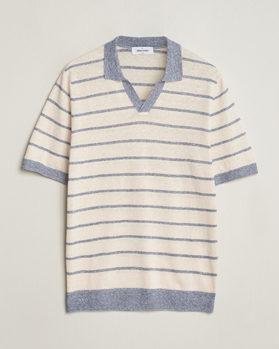 Herr |  | Gran Sasso | Linen/Cotton Knitted Striped Open Collar Polo Cream/Blue