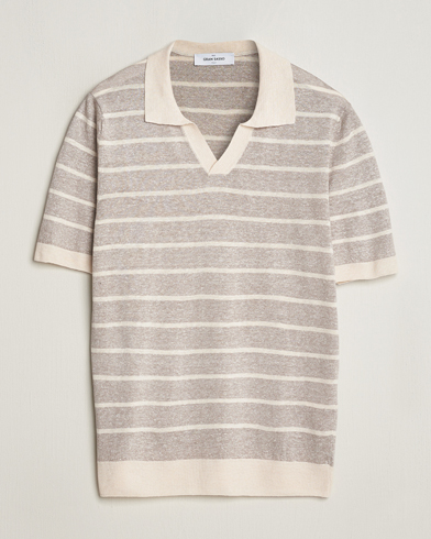 Herr |  | Gran Sasso | Linen/Cotton Knitted Striped Open Collar Polo Beige/Cream