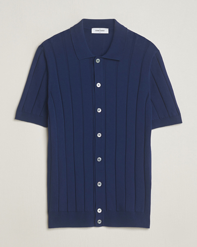 Herr |  | Gran Sasso | Cotton Structured Knitted Short Sleeve Shirt Light Navy