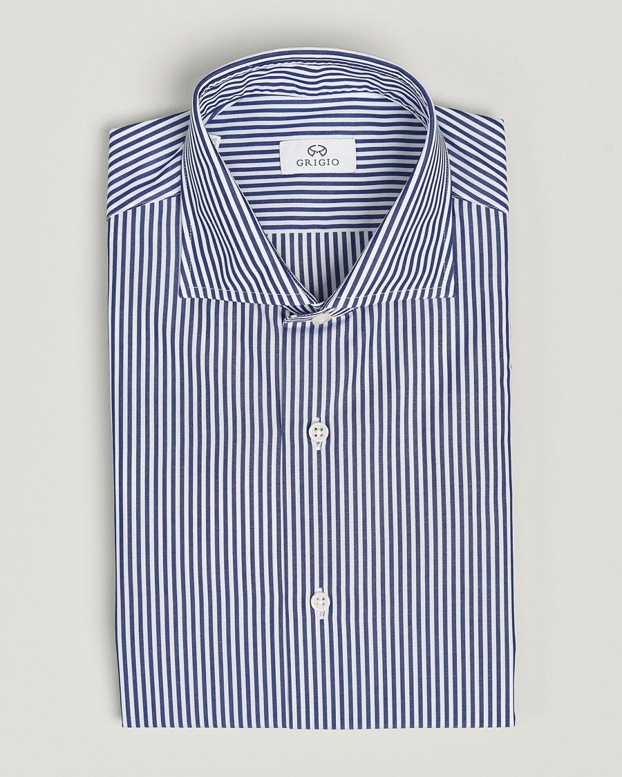 Herr | | Grigio | Cotton Poplin Dress Shirt Blue Stripe