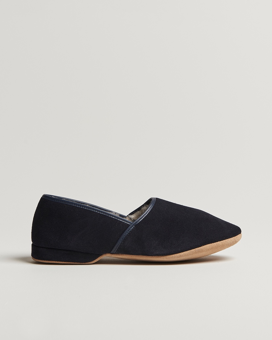 Herr | | Derek Rose | Crawford Sheepskin Suede Slippers Navy