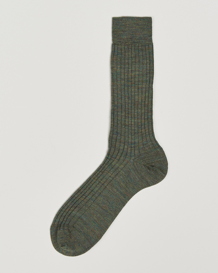 Bresciani Wool/Nylon Ribbed Short Socks Green Melange – Grön